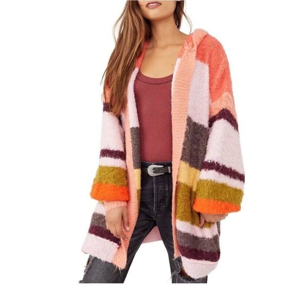 Free People Dream Team Hooded Cardi Size XL EUC In Desert Coral Cardigan Cozy